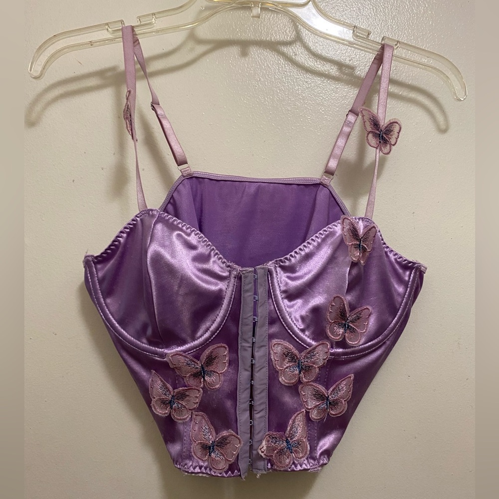 Lavender Purple Satin Corset Tank Top M Medium Butterfly Accents Butterflies
